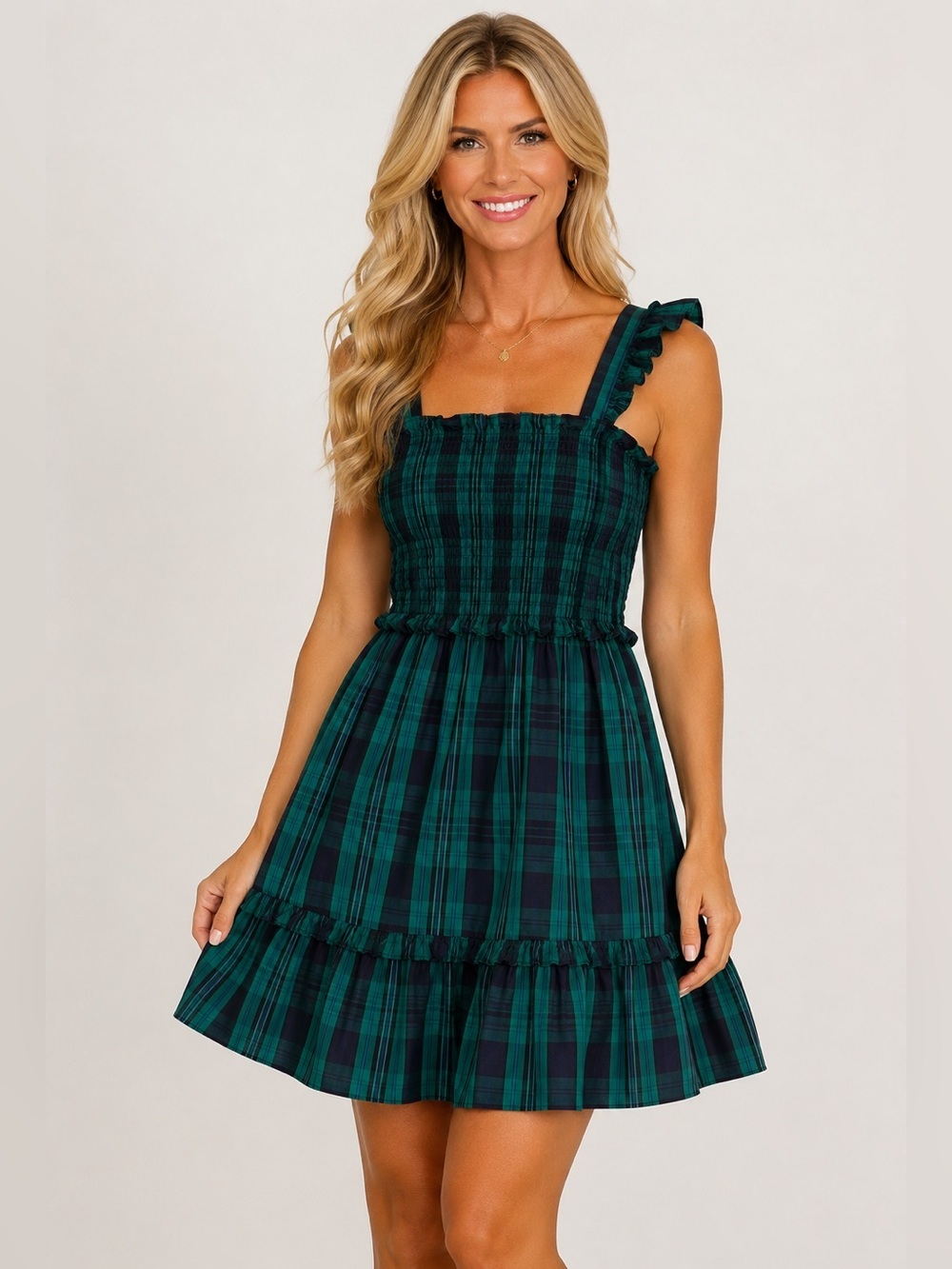 Draper James Shania Smocked Mini Dress Blackwatch Plaid Green Blue Size S